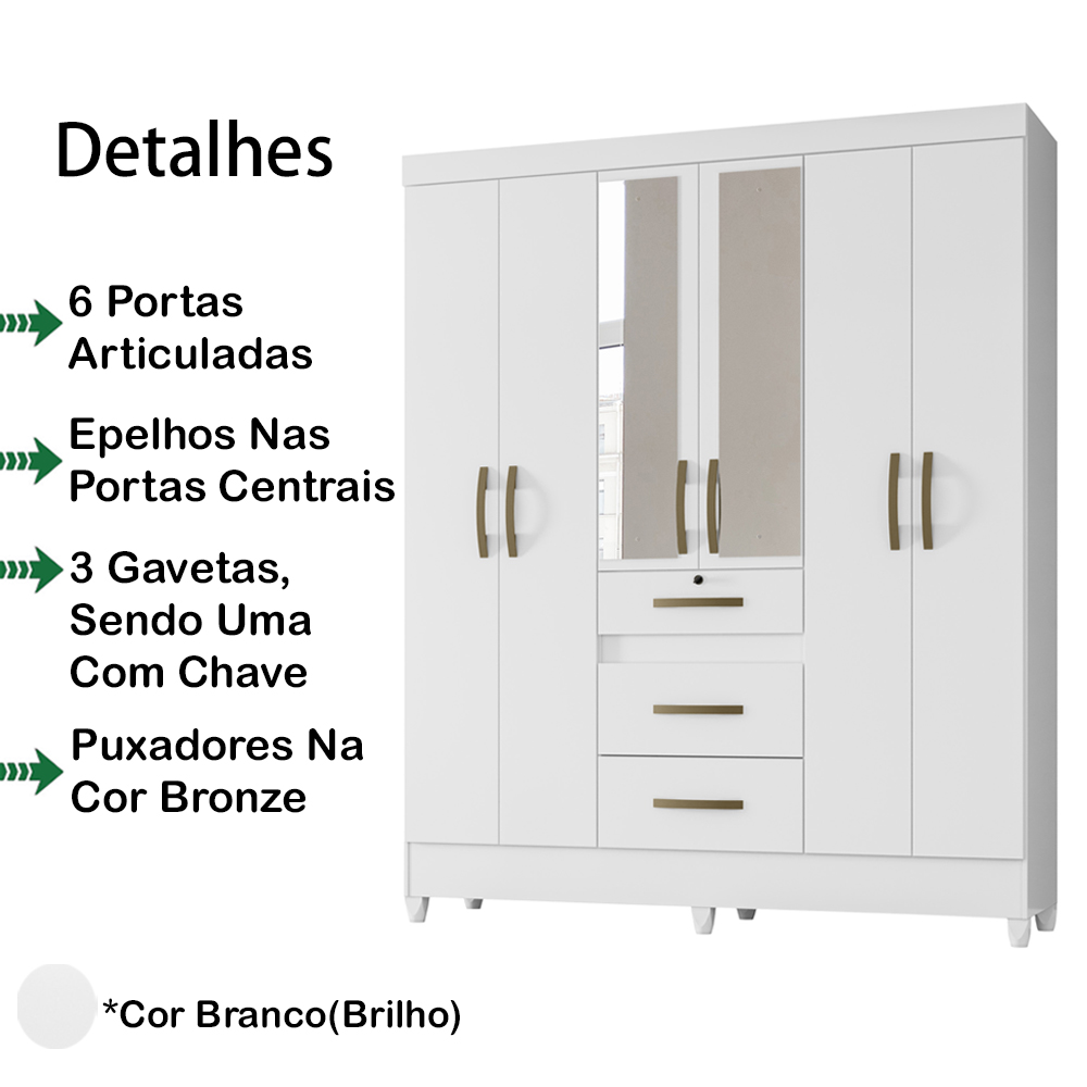 Guarda Roupa Casal 6 Portas Com Espelho 8684 Branco Moval