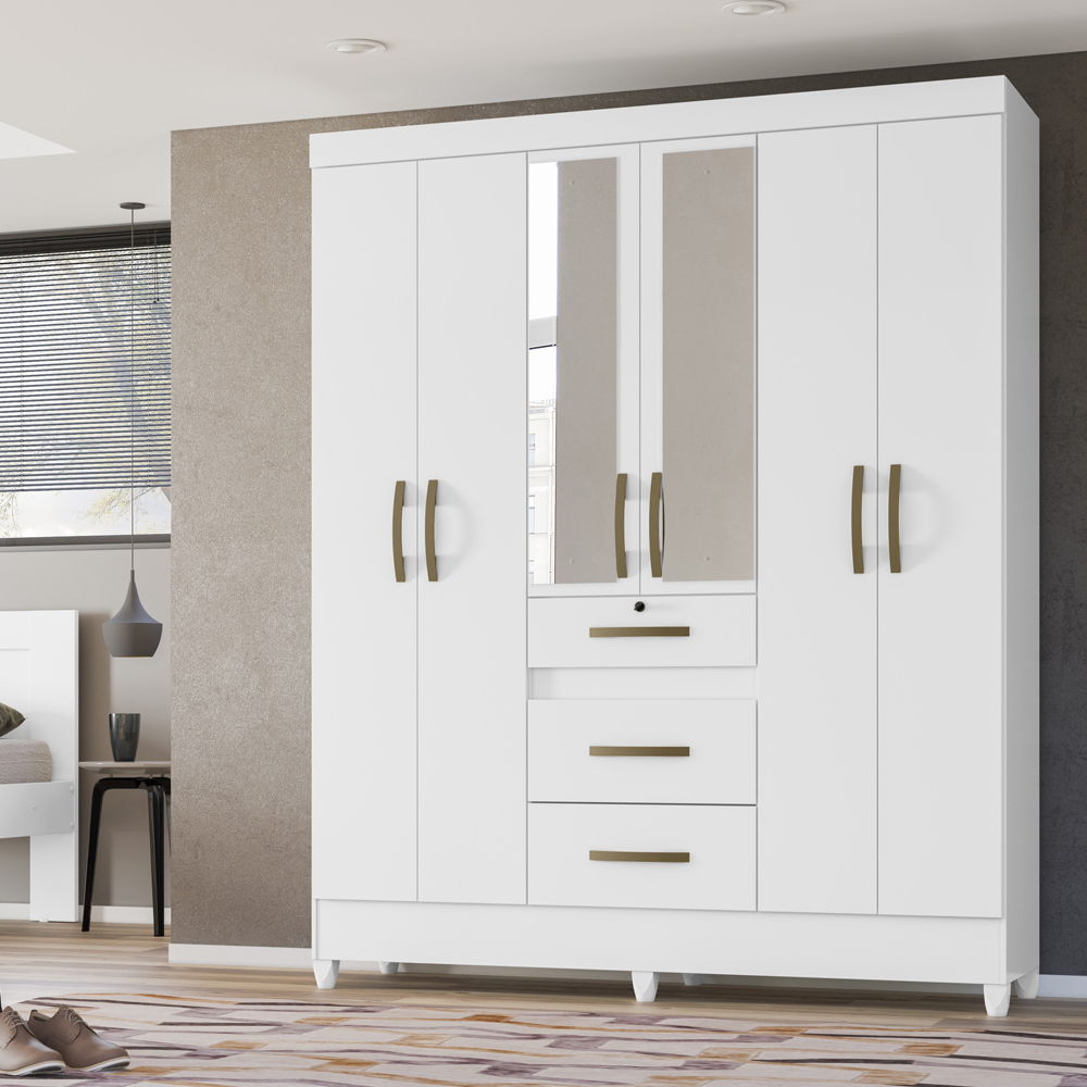 Guarda Roupa Casal 6 Portas Com Espelho 8684 Branco Moval