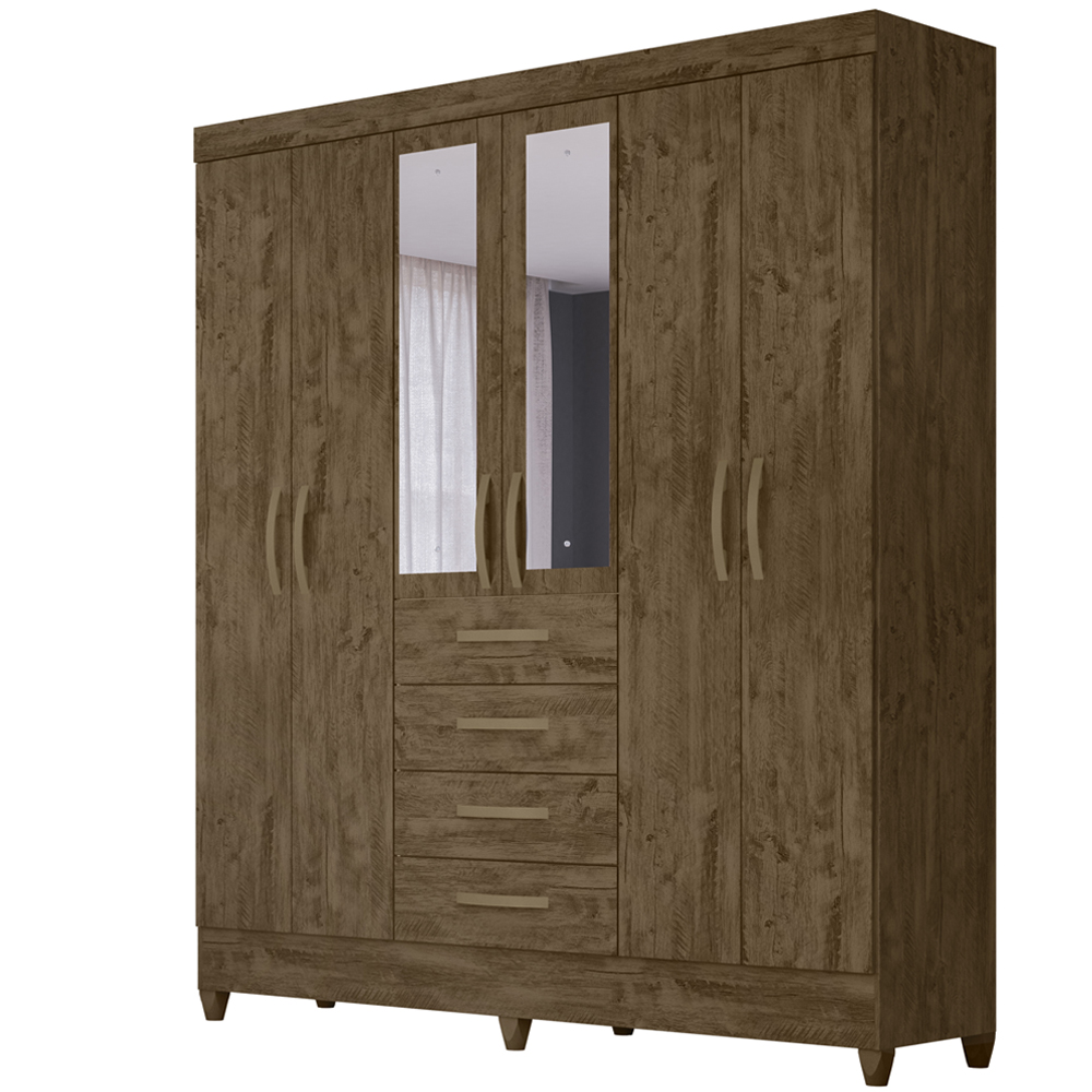 Guarda Roupa Casal 6 Portas Com Espelho 8963 Castanho Wood Moval