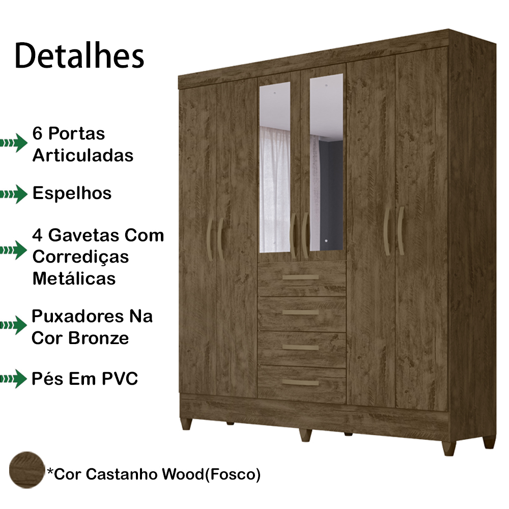 Guarda Roupa Casal 6 Portas Com Espelho 8963 Castanho Wood Moval