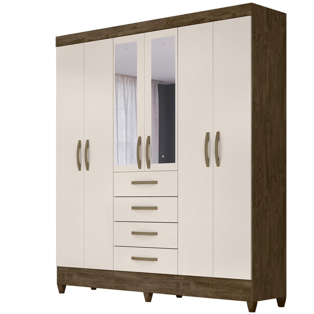 Guarda Roupa Casal 6 Portas Com Espelho 8963 Castanho Wood Off White Moval