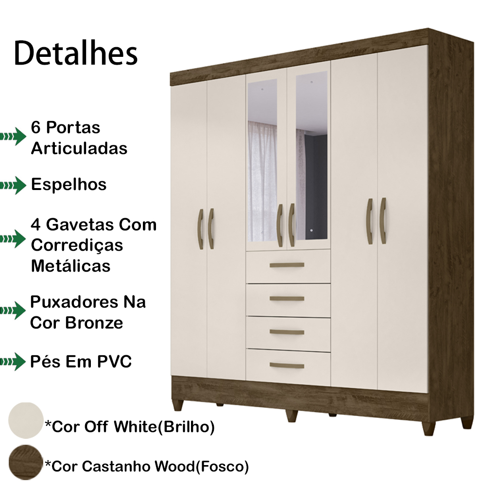 Guarda Roupa Casal 6 Portas Com Espelho 8963 Castanho Wood Off White Moval