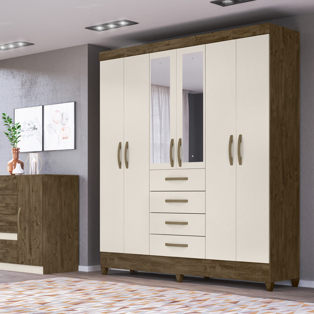 Guarda Roupa Casal 6 Portas Com Espelho 8963 Castanho Wood Off White Moval