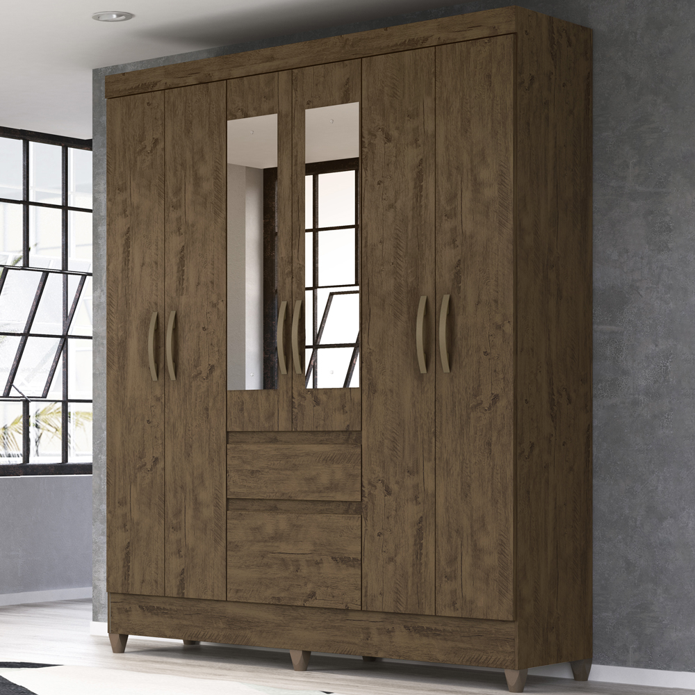 Guarda Roupa Casal 6 Portas Com Espelho 8993 Castanho Wood Moval