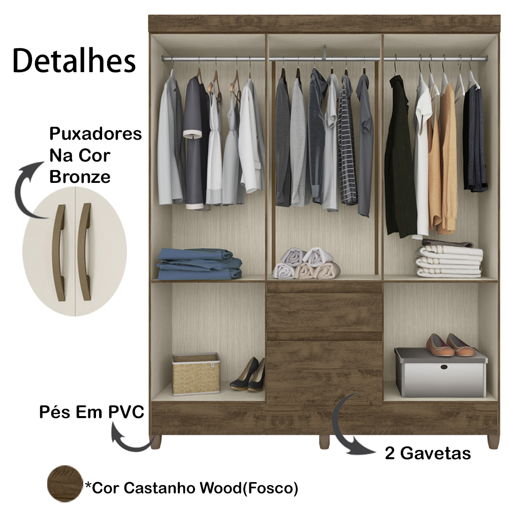 Guarda Roupa Casal 6 Portas Com Espelho 8993 Castanho Wood Moval