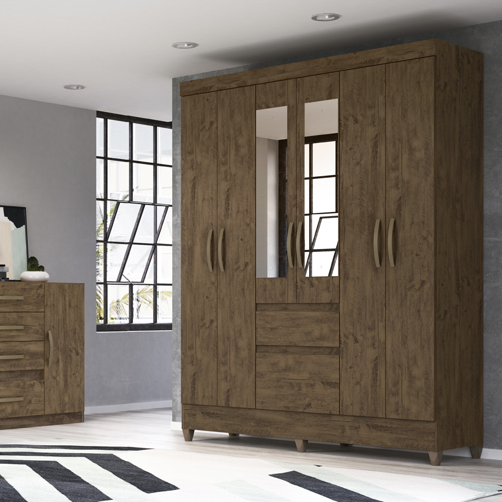 Guarda Roupa Casal 6 Portas Com Espelho 8993 Castanho Wood Moval