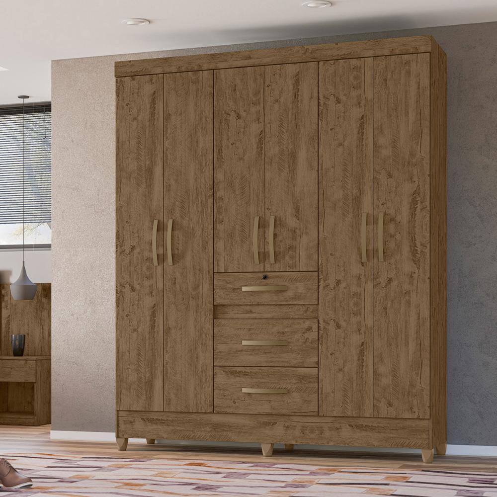 Guarda Roupa Casal 6 portas 3 gavetas Castanho Wood Itatiba - Moval
