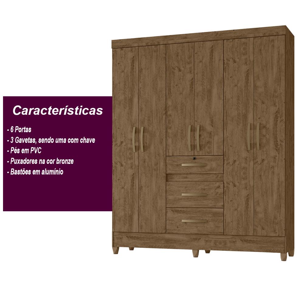 Guarda Roupa Casal 6 portas 3 gavetas Castanho Wood Itatiba - Moval
