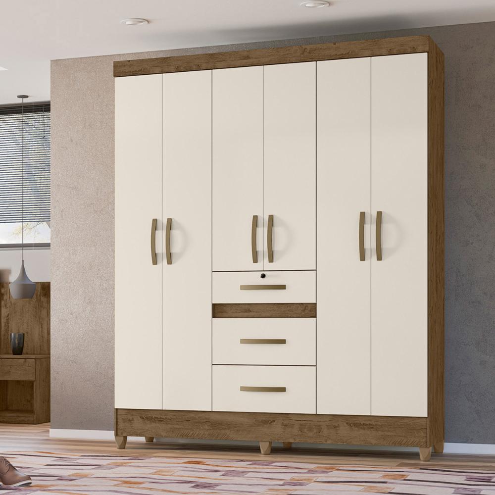 Guarda Roupa Casal 6 portas 3 gavetas Itatiba - Castanho Wood / Baunilha
