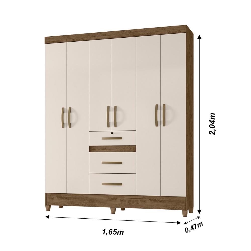 Guarda Roupa Casal 6 portas 3 gavetas Itatiba - Castanho Wood / Baunilha