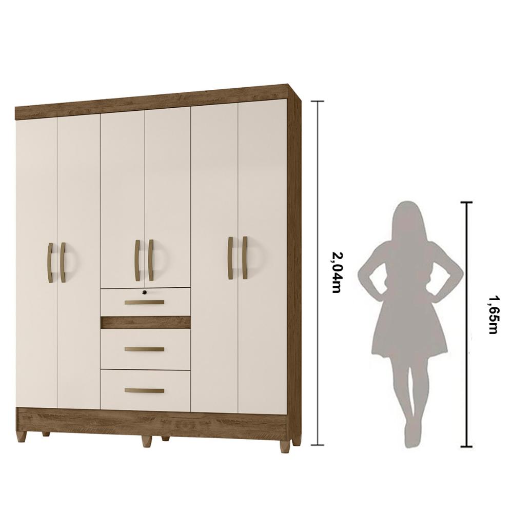 Guarda Roupa Casal 6 portas 3 gavetas Itatiba - Castanho Wood / Baunilha