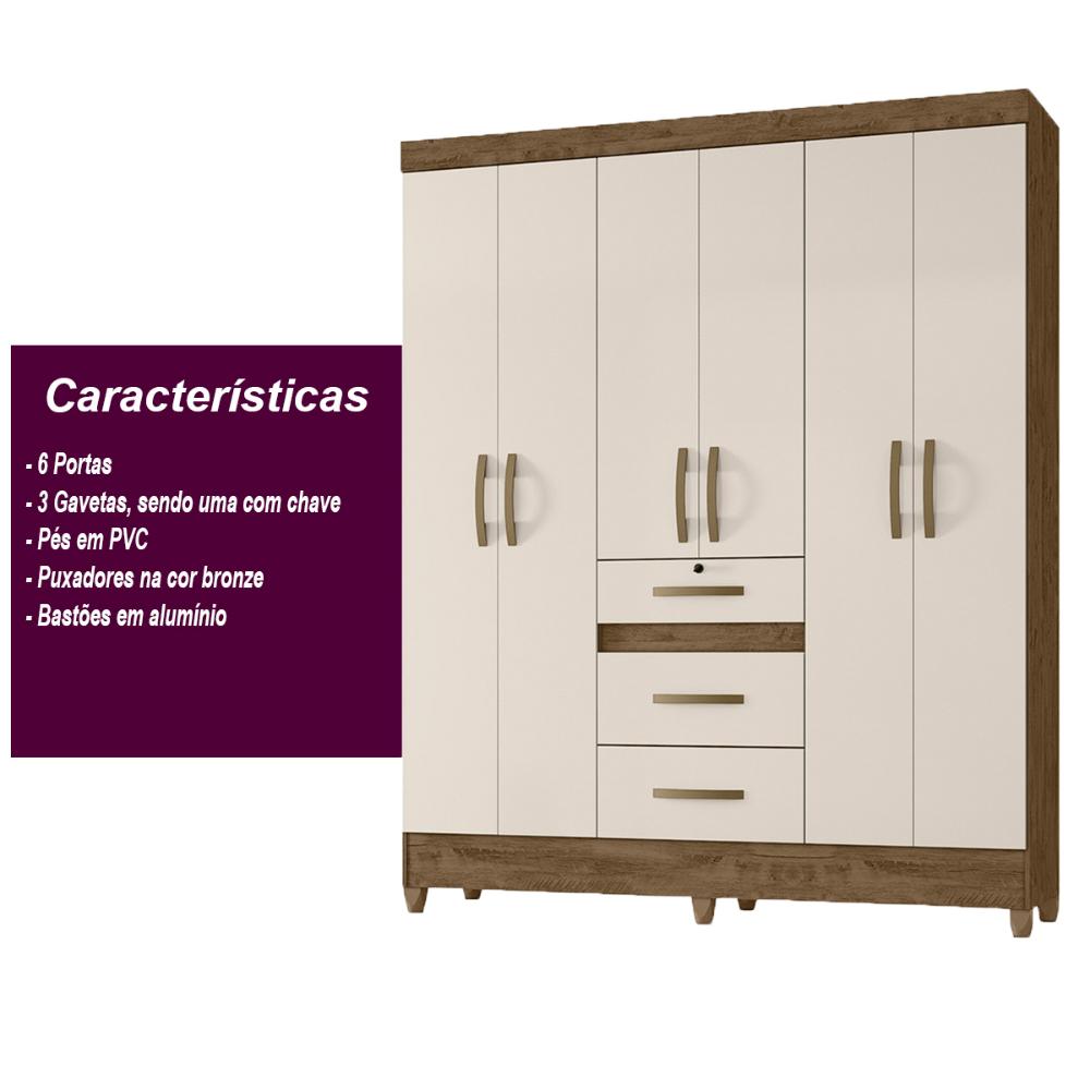 Guarda Roupa Casal 6 portas 3 gavetas Itatiba - Castanho Wood / Baunilha