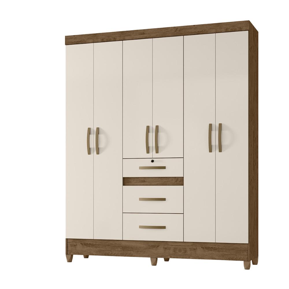 Guarda Roupa Casal 6 portas 3 gavetas Itatiba - Castanho Wood / Baunilha