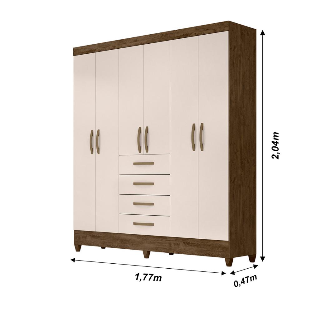 Guarda Roupa Casal 6 portas com 4 gavetas New Avaí - Castanho Wood / Baunilha
