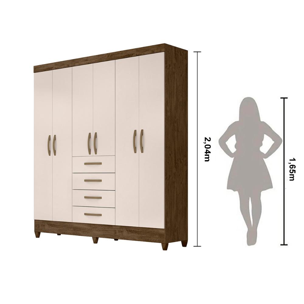 Guarda Roupa Casal 6 portas com 4 gavetas New Avaí - Castanho Wood / Baunilha