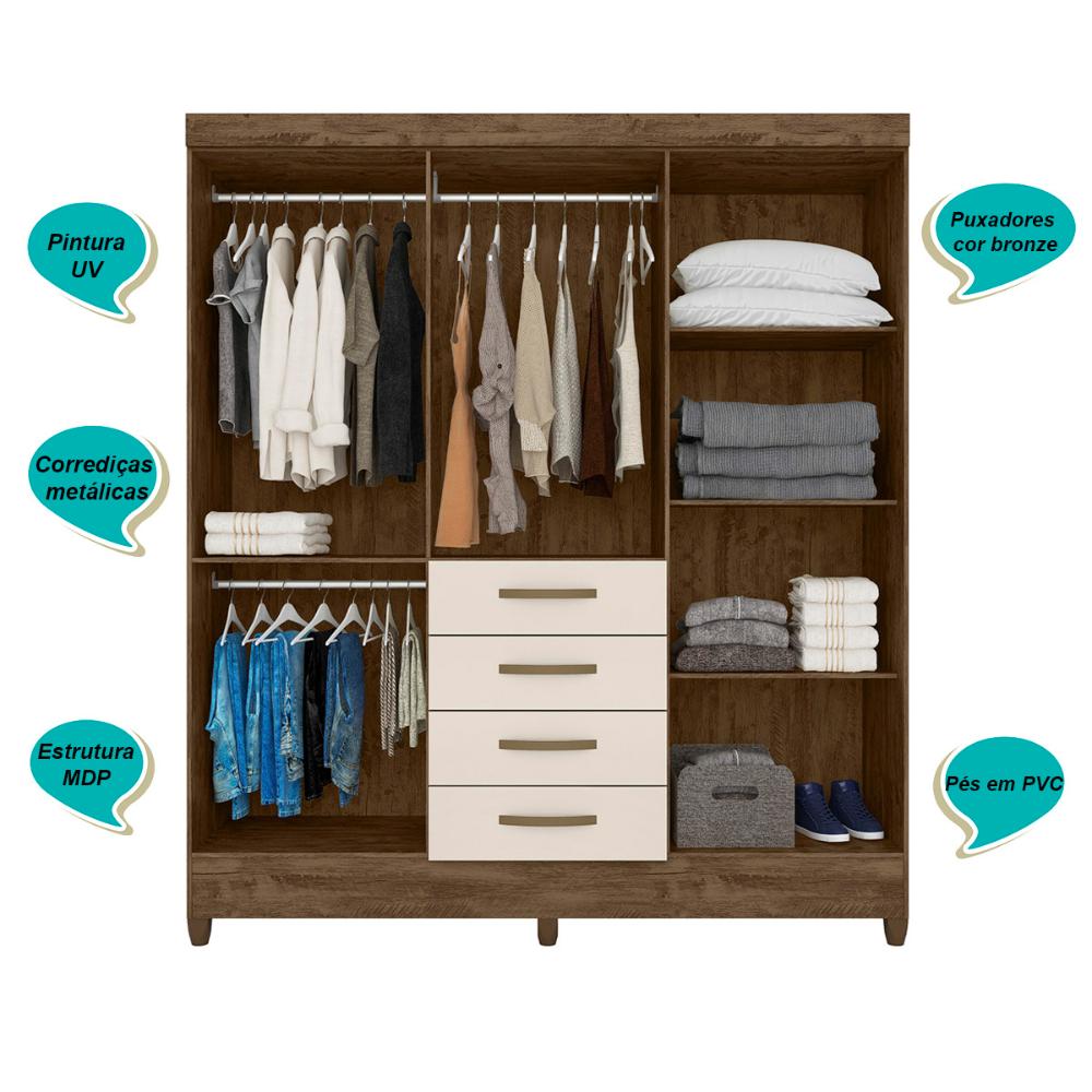 Guarda Roupa Casal 6 portas com 4 gavetas New Avaí - Castanho Wood / Baunilha