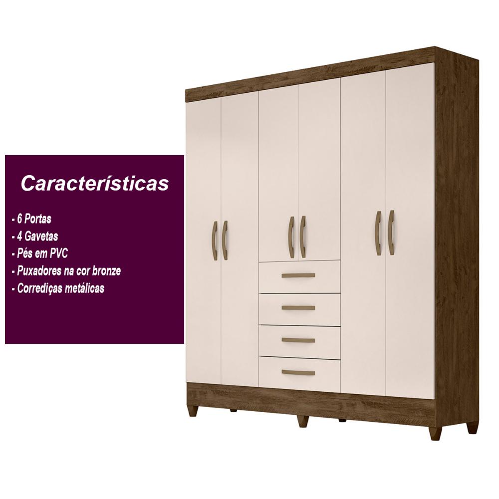 Guarda Roupa Casal 6 portas com 4 gavetas New Avaí - Castanho Wood / Baunilha