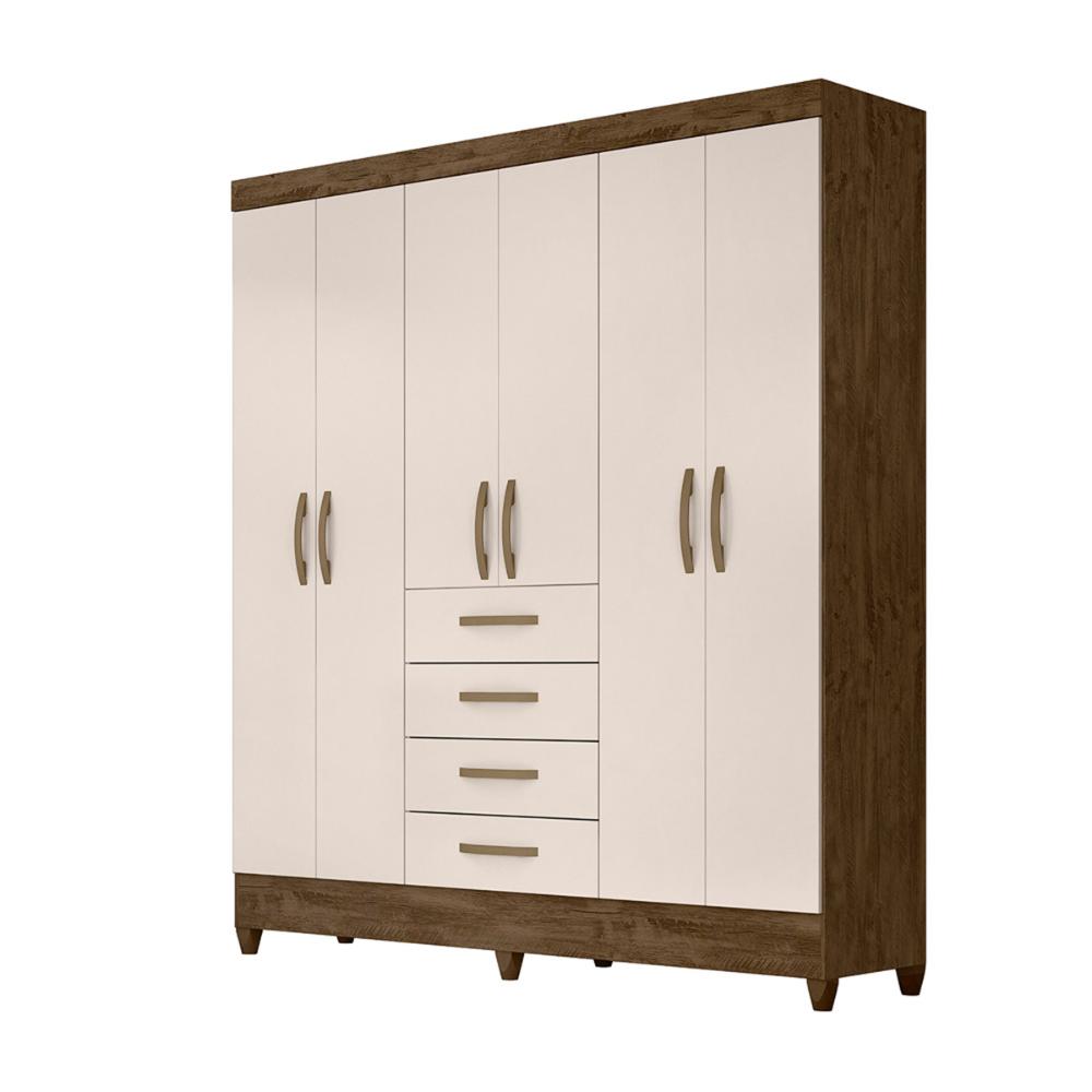Guarda Roupa Casal 6 portas com 4 gavetas New Avaí - Castanho Wood / Baunilha