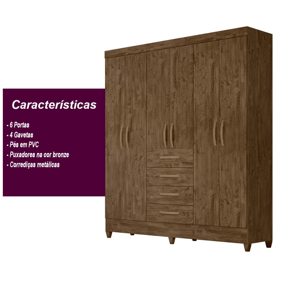 Guarda Roupa Casal 6 portas com 4 gavetas New Avaí - Castanho Wood