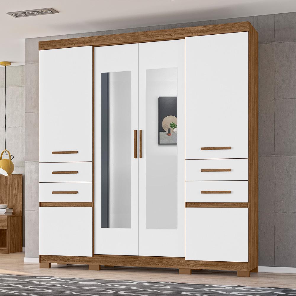 Guarda Roupa Casal 6 portas com 4 gavetas e espelho Aracaju - Naturale / Branco