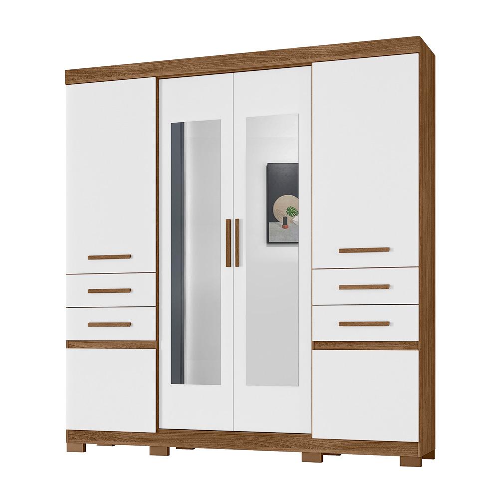 Guarda Roupa Casal 6 portas com 4 gavetas e espelho Aracaju - Naturale / Branco