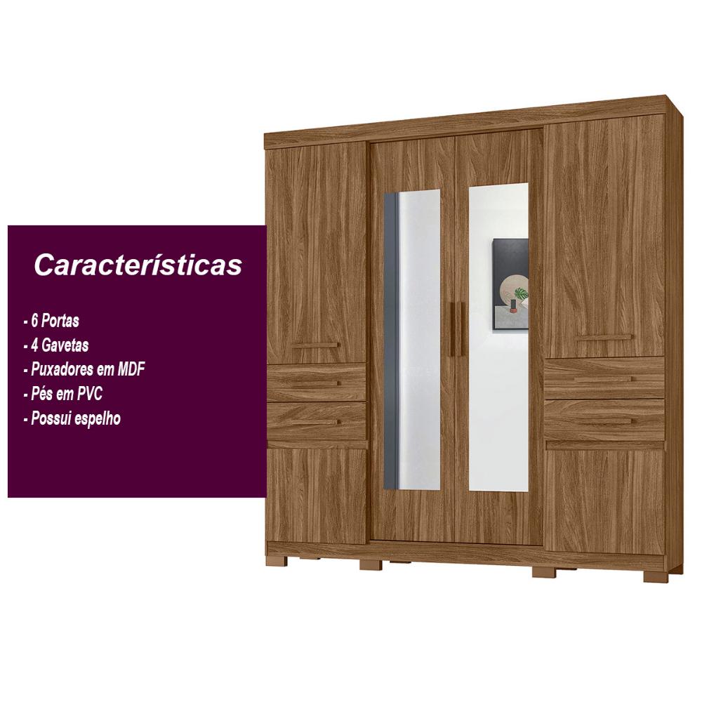 Guarda Roupa Casal 6 portas com 4 gavetas e espelho Naturale Aracaju - Moval