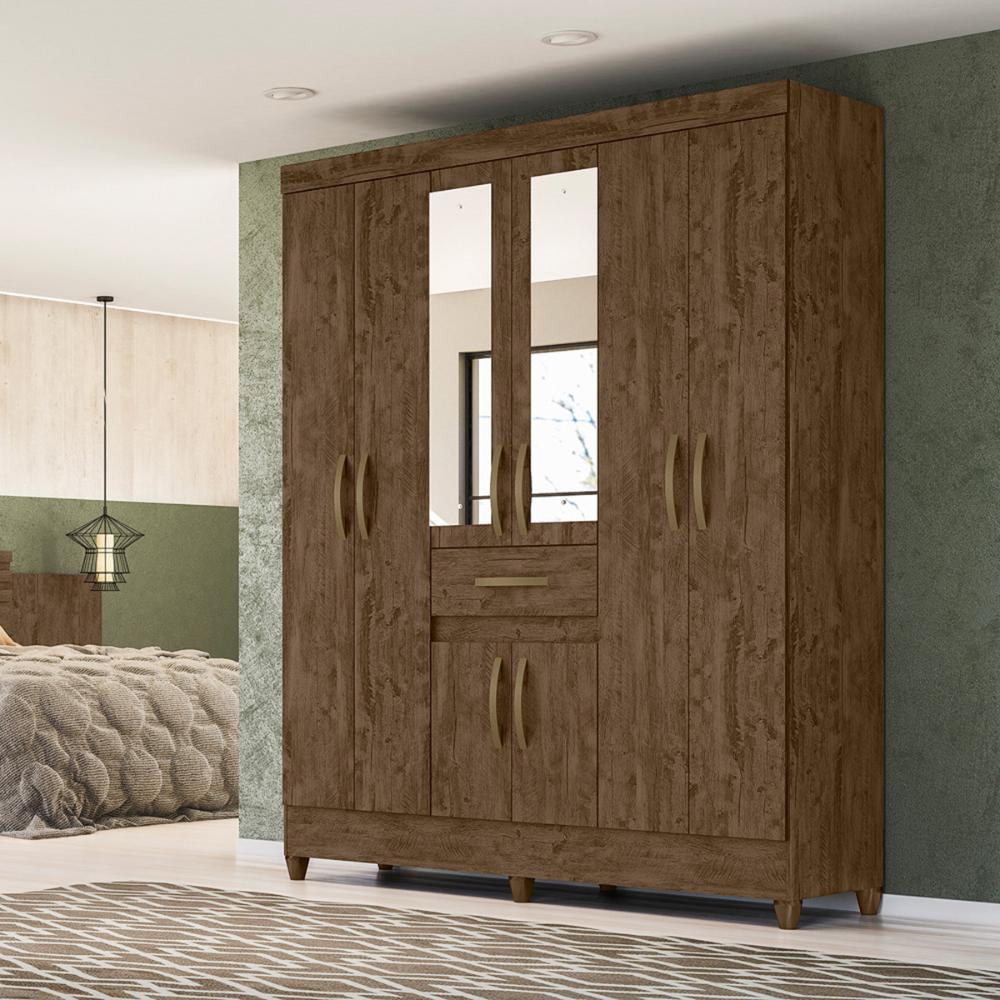 Guarda Roupa Casal 6 portas com espelho 1 gaveta Portugal - Castanho Wood