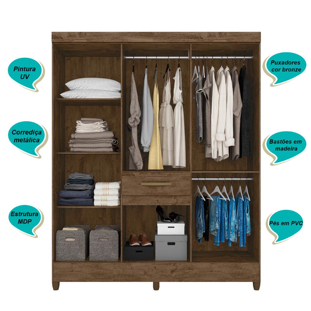 Guarda Roupa Casal 6 portas com espelho 1 gaveta Portugal - Castanho Wood
