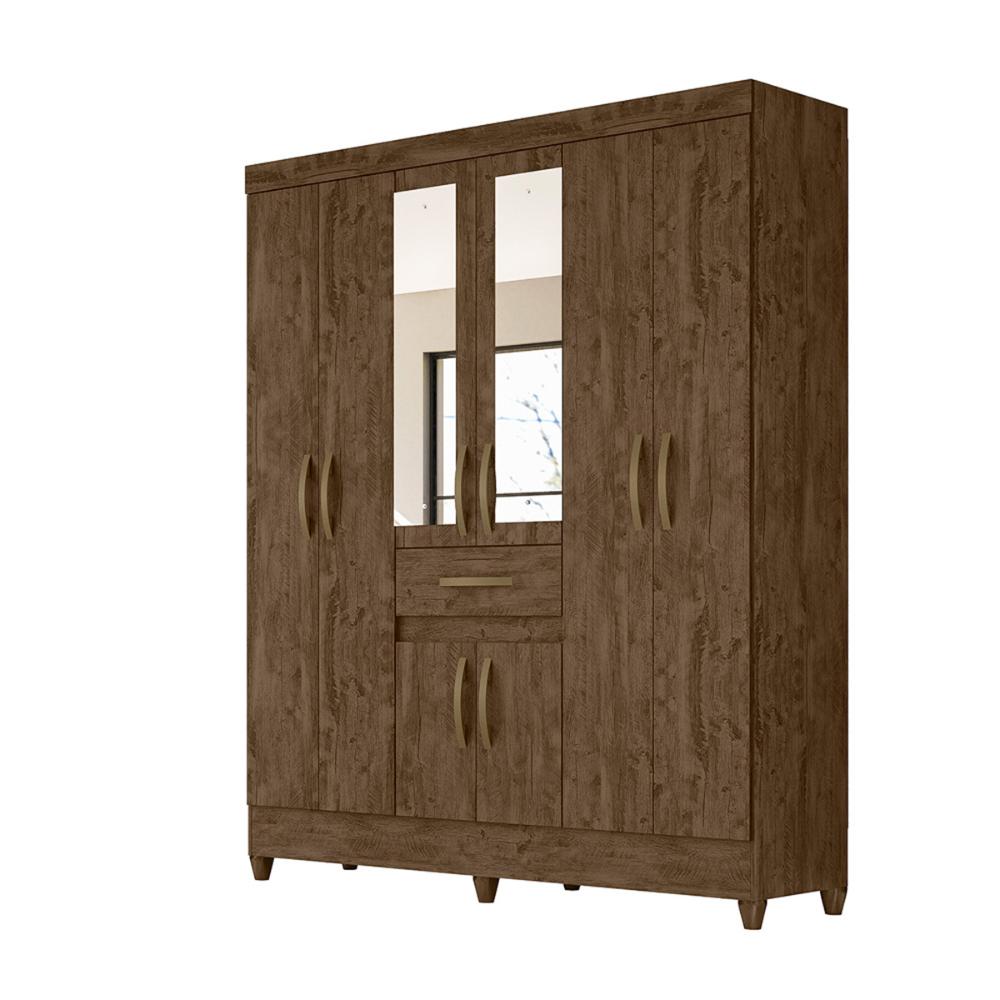 Guarda Roupa Casal 6 portas com espelho 1 gaveta Portugal - Castanho Wood