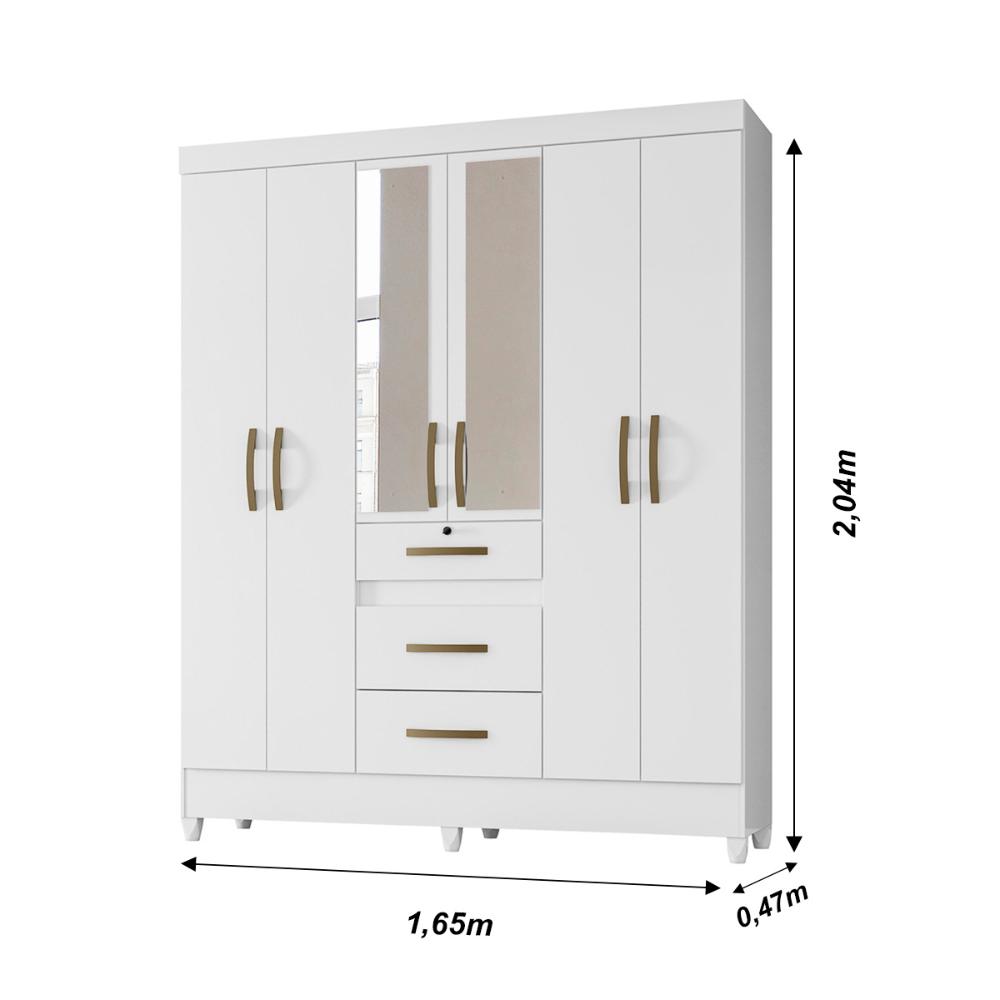 Guarda Roupa Casal 6 portas com espelho 3 gavetas Branco Itatiba - Moval