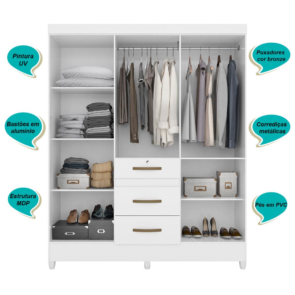 Guarda Roupa Casal 6 portas com espelho 3 gavetas Branco Itatiba - Moval