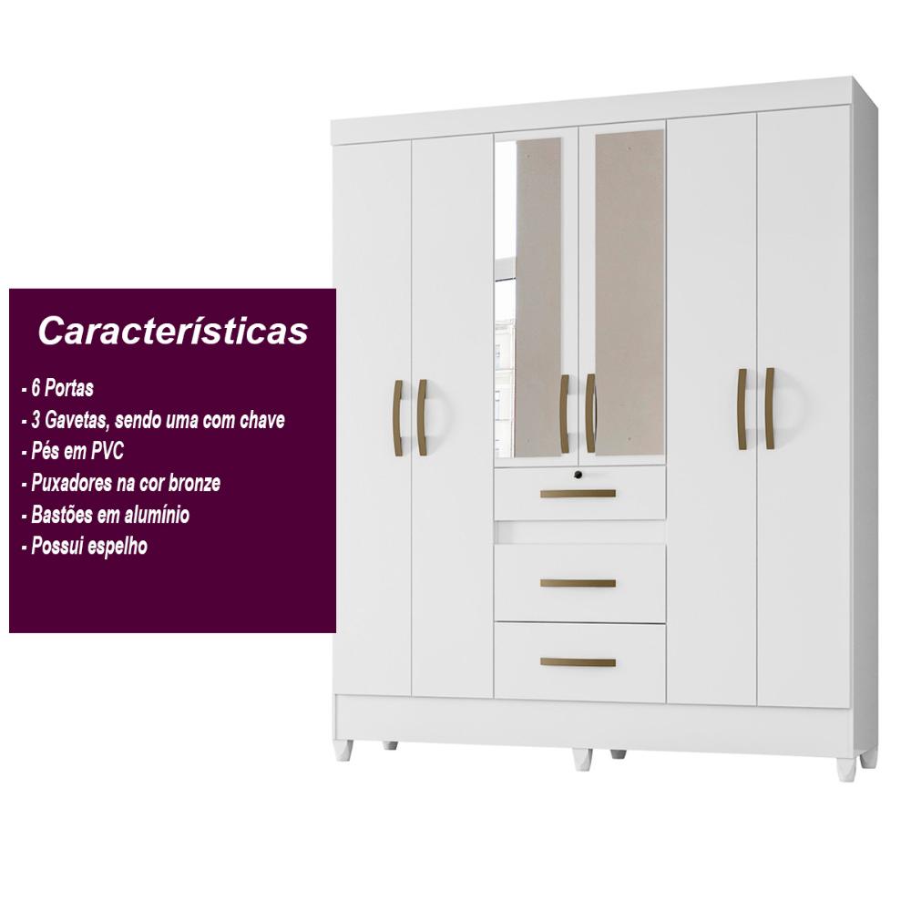 Guarda Roupa Casal 6 portas com espelho 3 gavetas Branco Itatiba - Moval