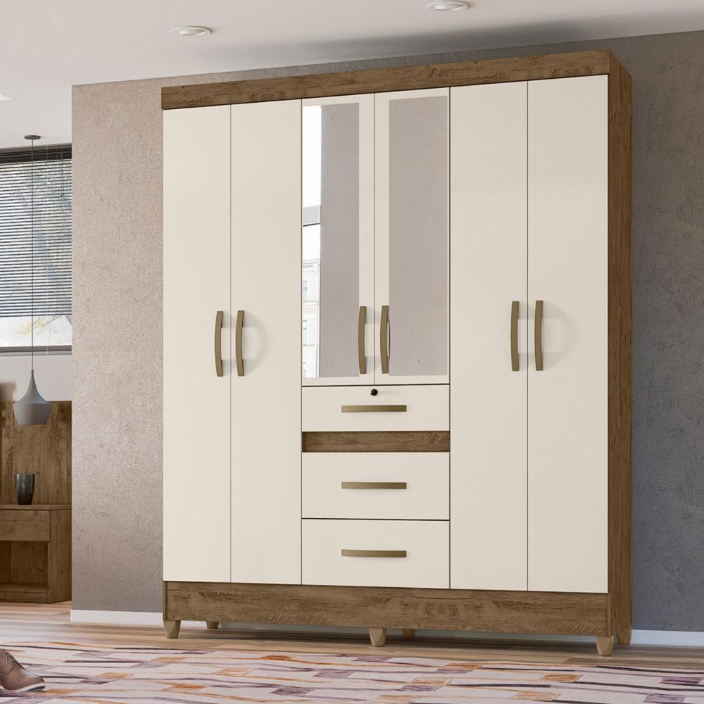 Guarda Roupa Casal 6 portas com espelho 3 gavetas Castanho Wood / Baunilha Itatiba - Moval