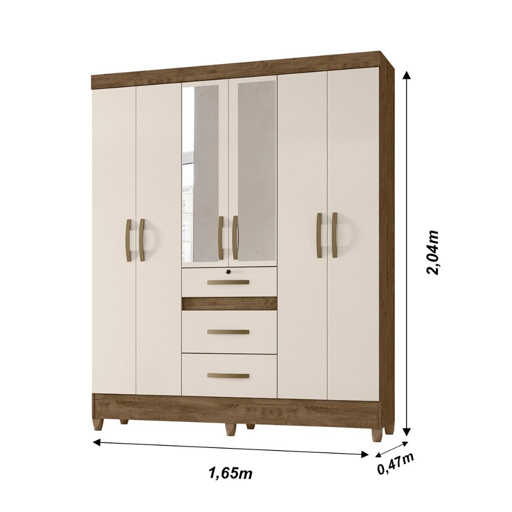 Guarda Roupa Casal 6 portas com espelho 3 gavetas Castanho Wood / Baunilha Itatiba - Moval