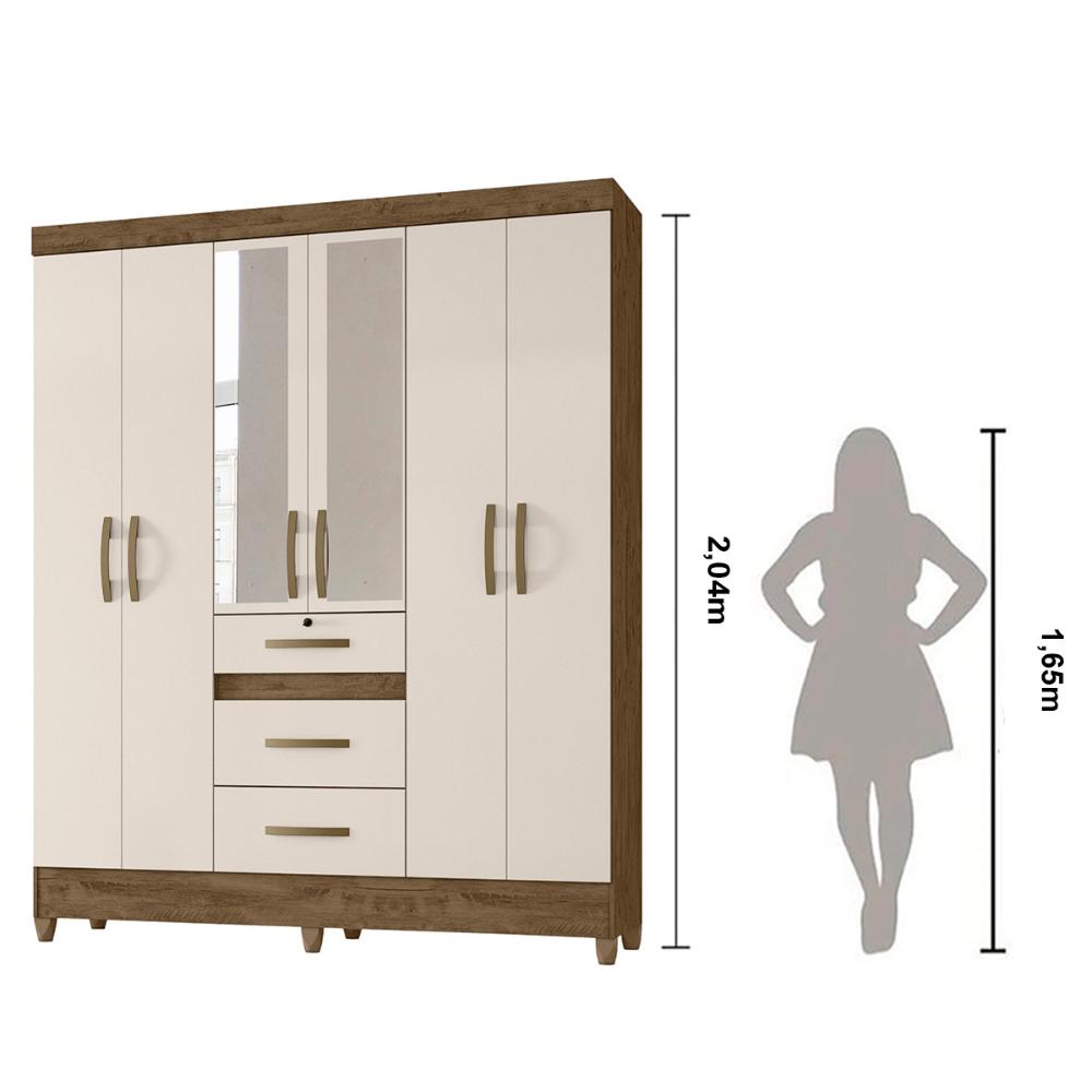 Guarda Roupa Casal 6 portas com espelho 3 gavetas Castanho Wood / Baunilha Itatiba - Moval