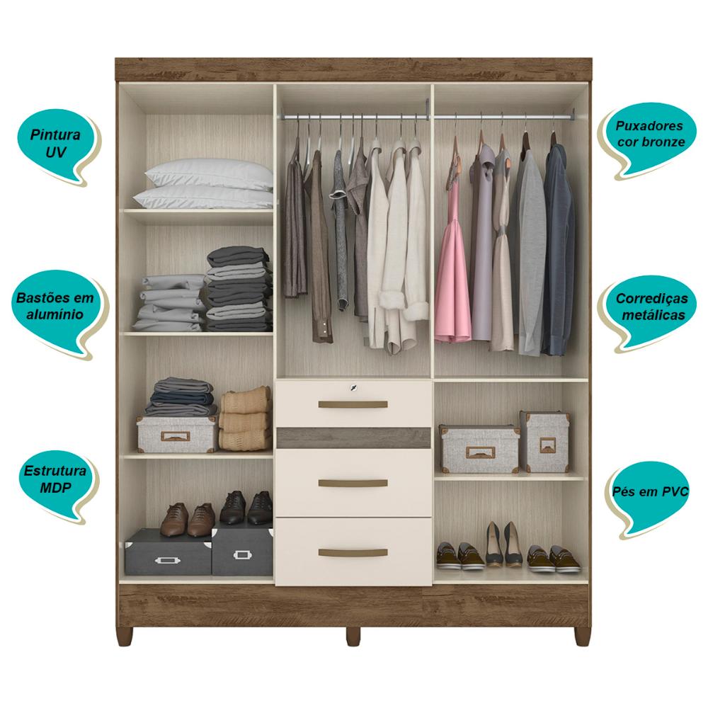 Guarda Roupa Casal 6 portas com espelho 3 gavetas Castanho Wood / Baunilha Itatiba - Moval