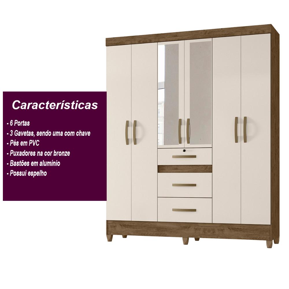 Guarda Roupa Casal 6 portas com espelho 3 gavetas Castanho Wood / Baunilha Itatiba - Moval