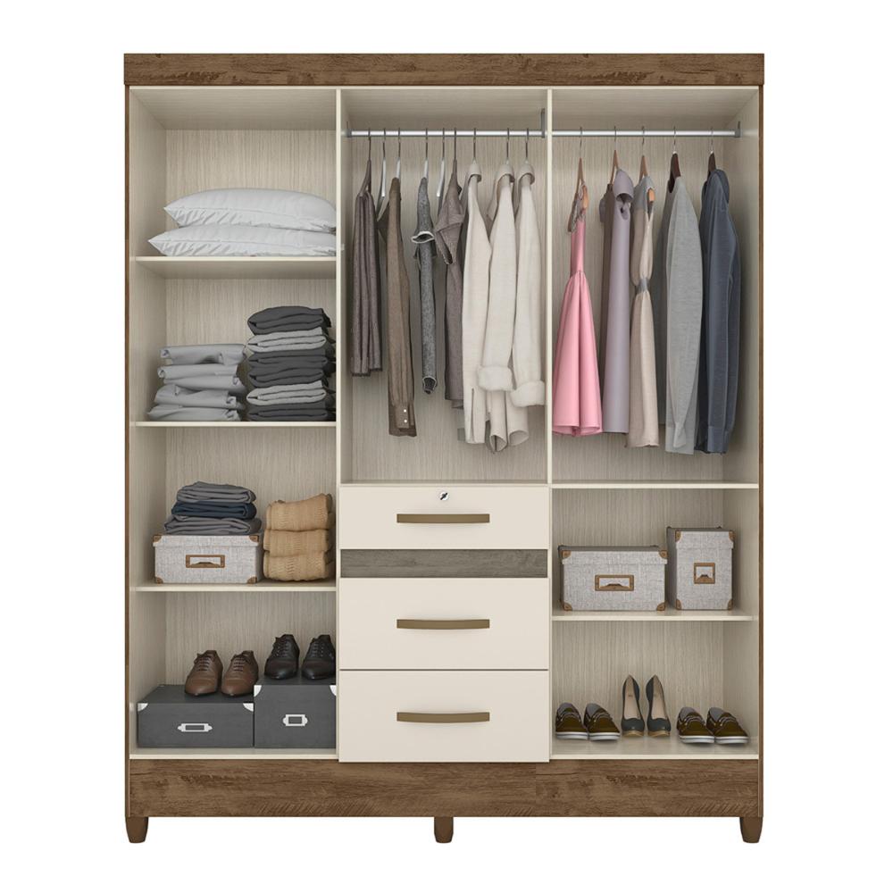 Guarda Roupa Casal 6 portas com espelho 3 gavetas Castanho Wood / Baunilha Itatiba - Moval