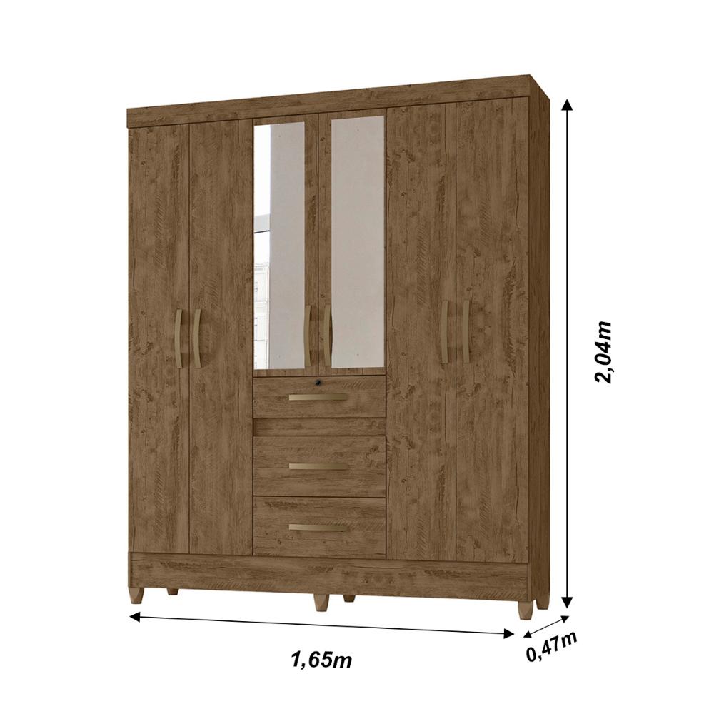 Guarda Roupa Casal 6 portas com espelho 3 gavetas Castanho Wood Itatiba - Moval
