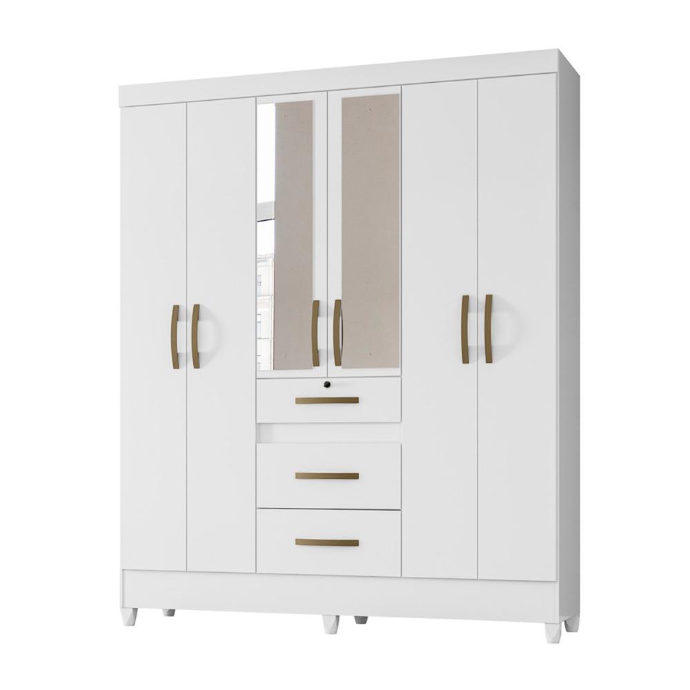 Guarda Roupa Casal 6 portas com espelho 3 gavetas Itatiba - Branco