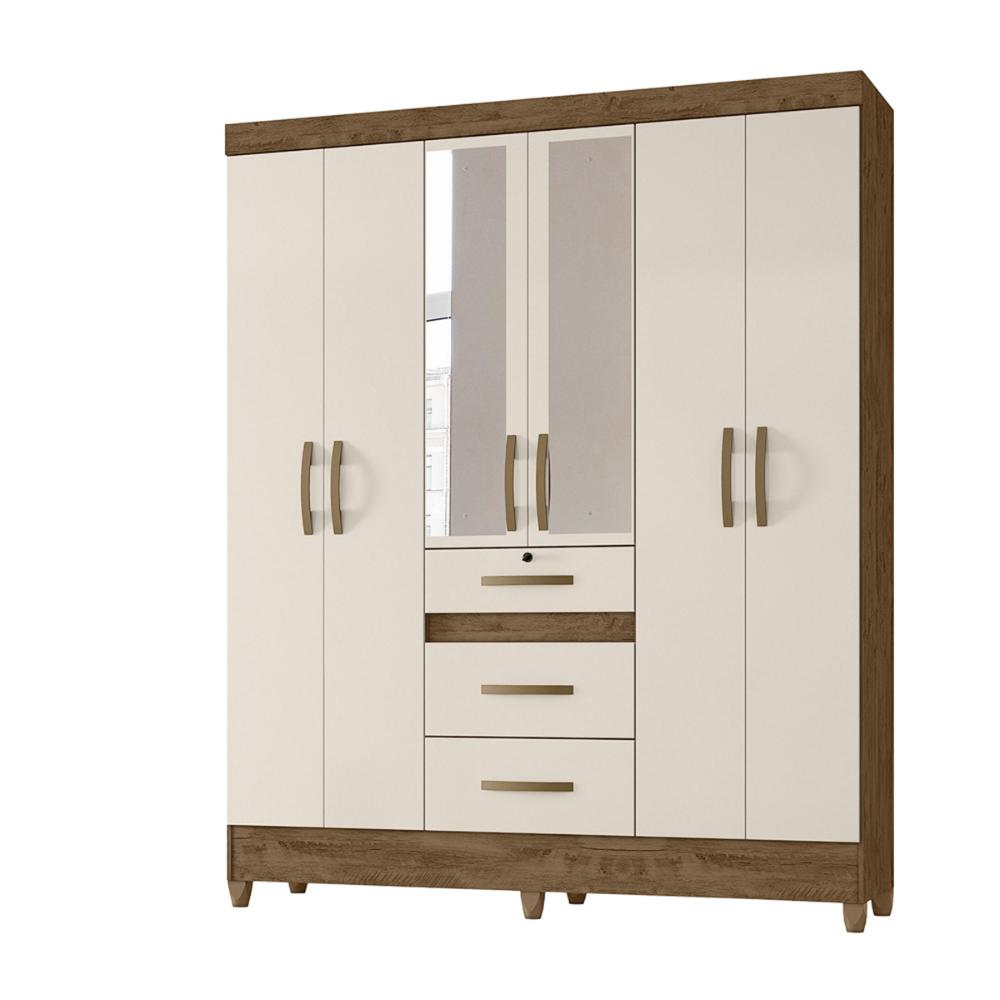 Guarda Roupa Casal 6 portas com espelho 3 gavetas Itatiba - Castanho Wood / Baunilha