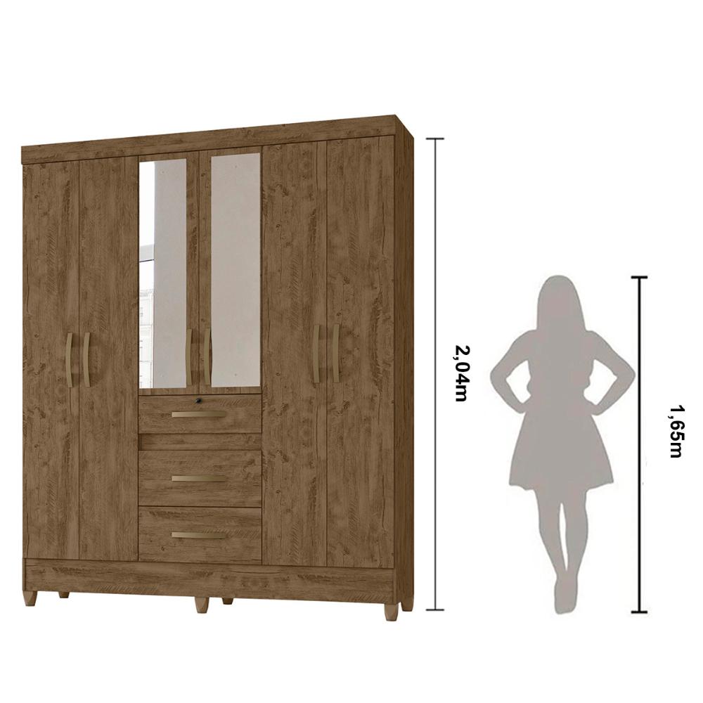 Guarda Roupa Casal 6 portas com espelho 3 gavetas Itatiba - Castanho Wood
