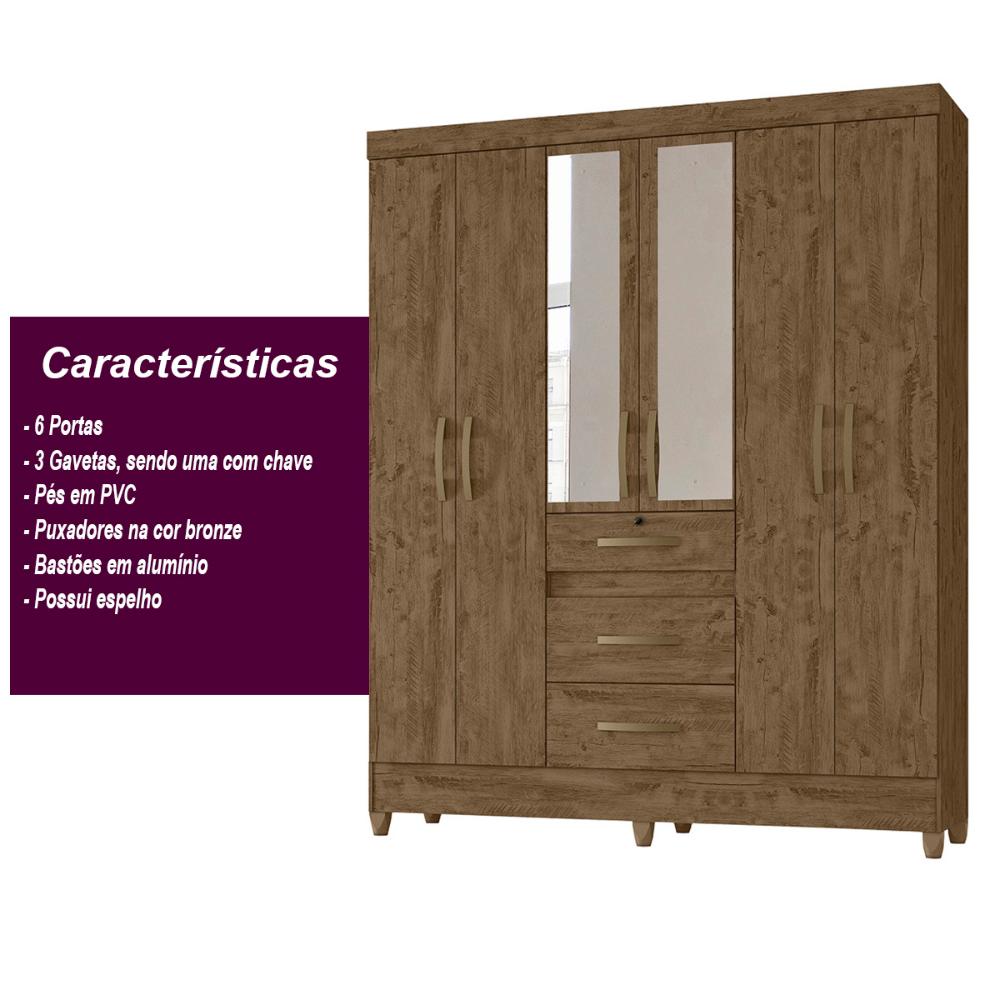 Guarda Roupa Casal 6 portas com espelho 3 gavetas Itatiba - Castanho Wood