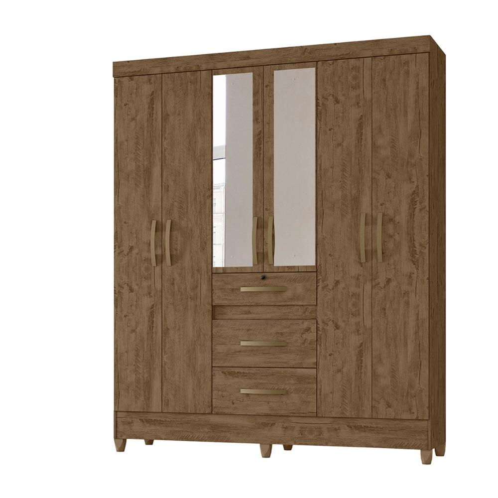 Guarda Roupa Casal 6 portas com espelho 3 gavetas Itatiba - Castanho Wood