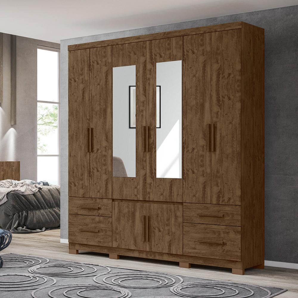 Guarda Roupa Casal 6 portas com espelho 4 gavetas Castanho Wood Porto Plus - Moval