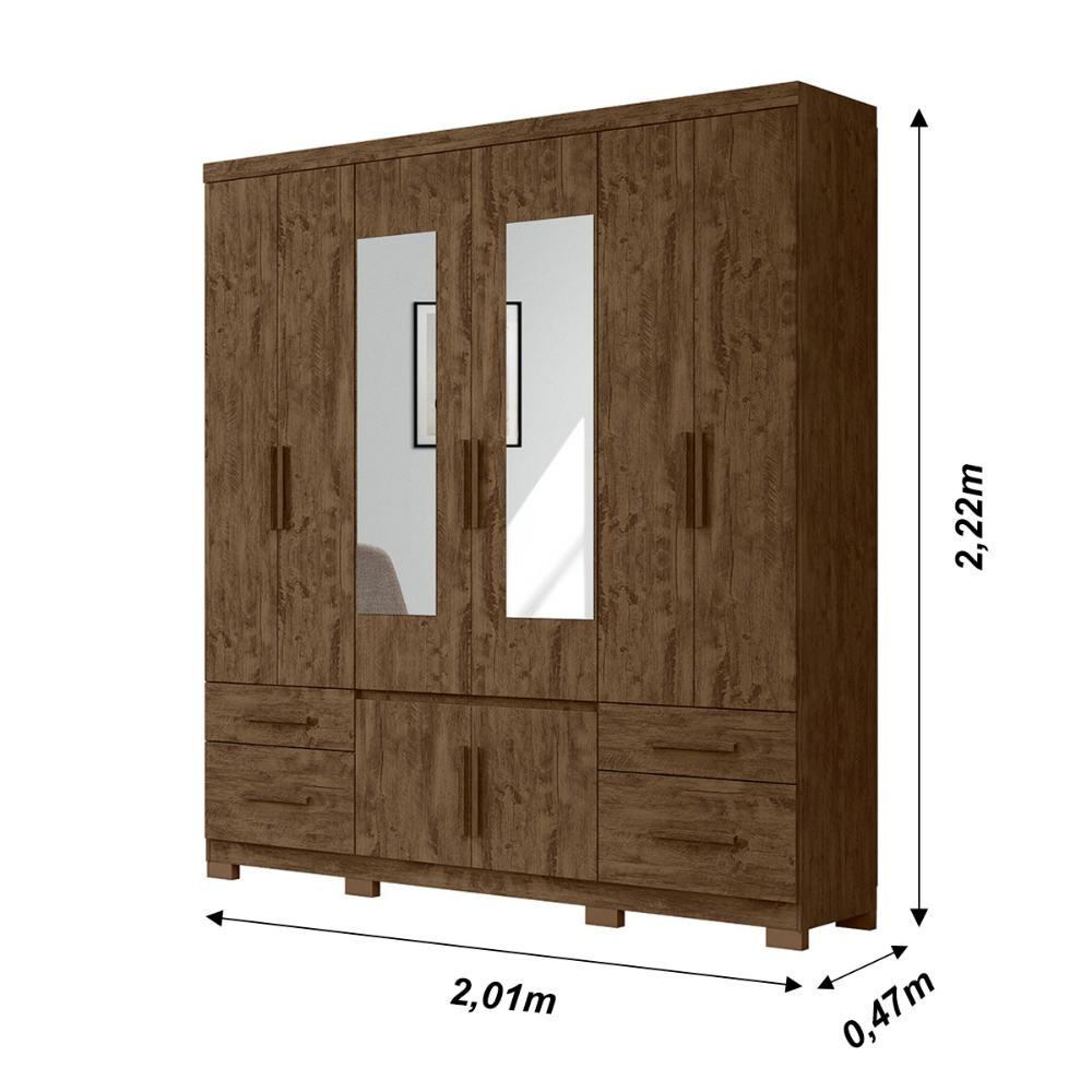 Guarda Roupa Casal 6 portas com espelho 4 gavetas Castanho Wood Porto Plus - Moval