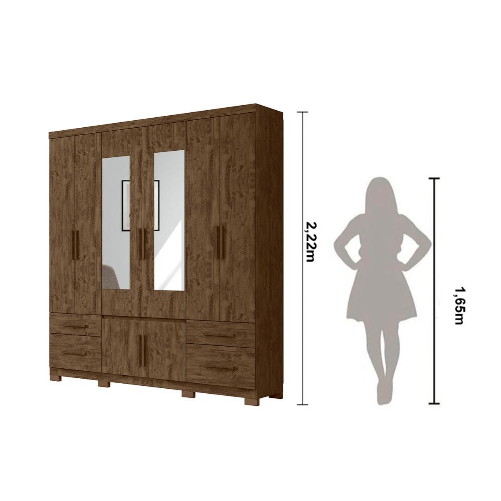Guarda Roupa Casal 6 portas com espelho 4 gavetas Castanho Wood Porto Plus - Moval