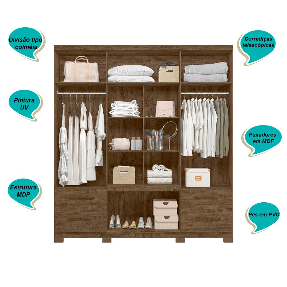 Guarda Roupa Casal 6 portas com espelho 4 gavetas Castanho Wood Porto Plus - Moval