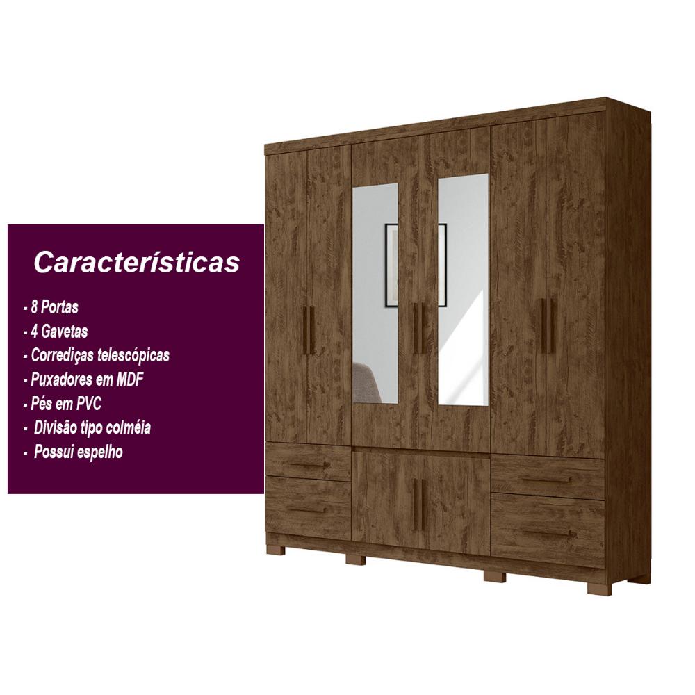 Guarda Roupa Casal 6 portas com espelho 4 gavetas Castanho Wood Porto Plus - Moval