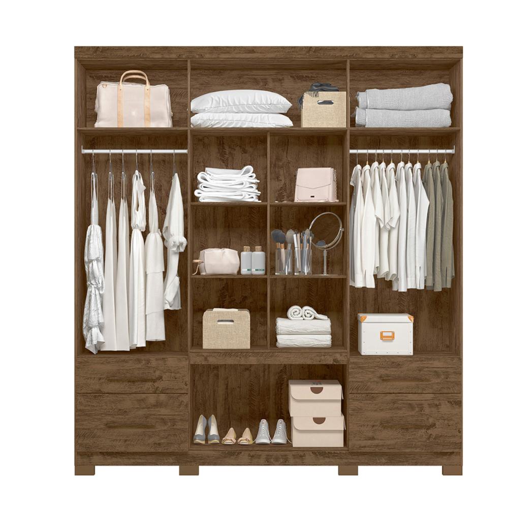 Guarda Roupa Casal 6 portas com espelho 4 gavetas Castanho Wood Porto Plus - Moval